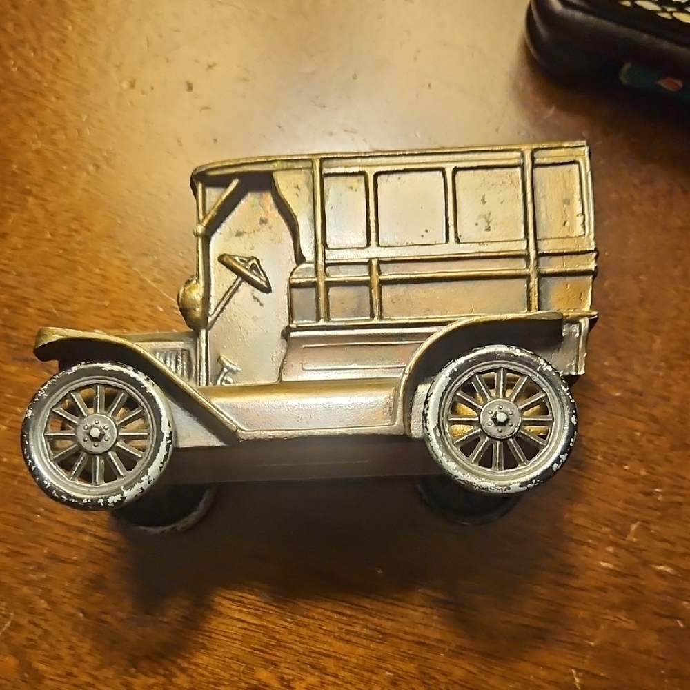 🌞Vintage Brass-Tone 1915 Omni Bus Coin Bank. Wheels Turn.